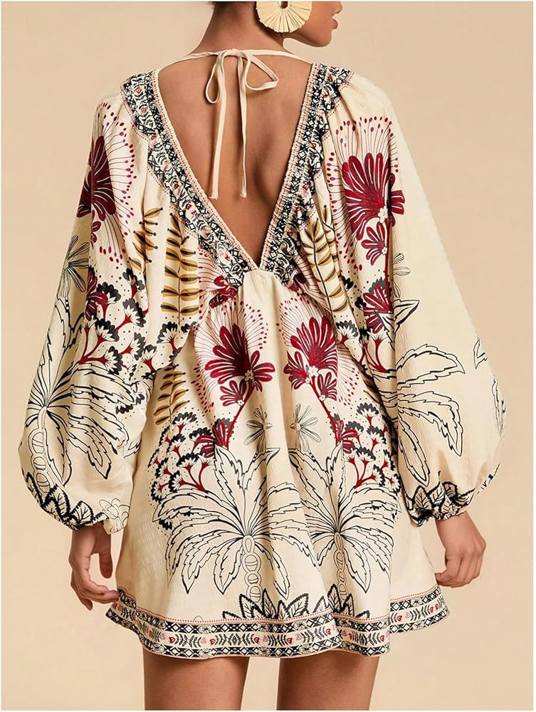 WDIRARA Women's Boho Floral V Neck Short Dress Lantern Sleeve Tie Back Flowy Tropical Dresses | Amazon (US)