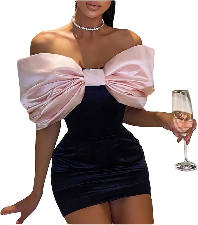 YINGISFITM Women Elegant Hepburn Dress Black Puff Sleeve Velvet Dress Backless Off Shoulder Bodyc... | Amazon (US)
