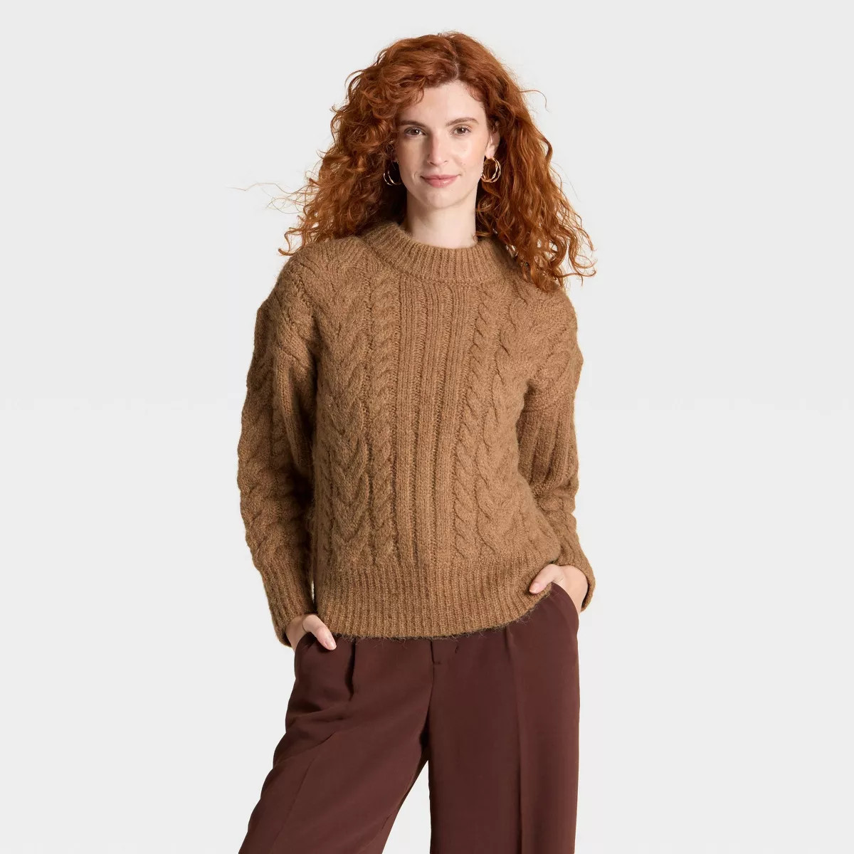 Women's Cabled Sweater - A New Day™ Heather Brown XS | Target