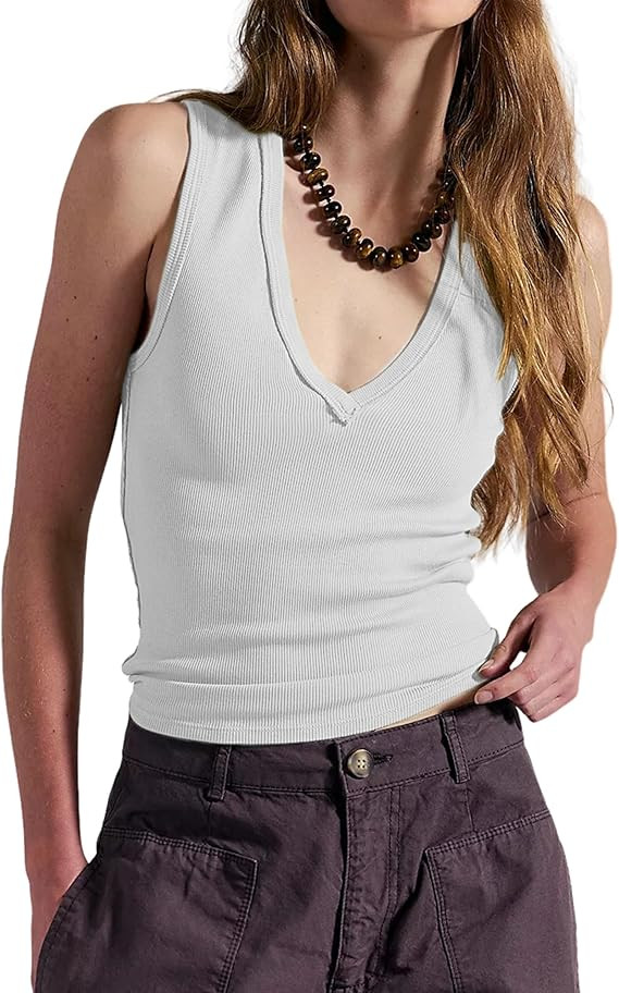 Lviefent Womens V Neck Tank Top Casual Slim Fitted Sleeveless Knit Ribbed Basic Cami Tee Shirts | Amazon (US)