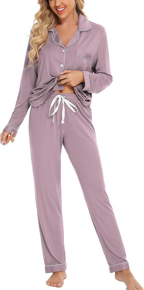 Leikar Button Up Pajama Set For Women Long Sleeve Shirt And Pajama Pants Soft Pjs Lounge Sets | Amazon (US)