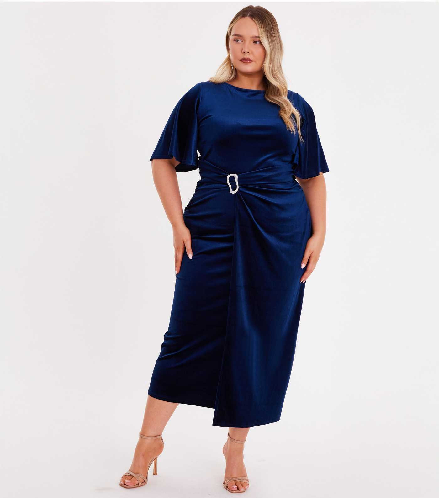 QUIZ Navy Velvet Buckle Midaxi Dress | New Look | New Look (UK)