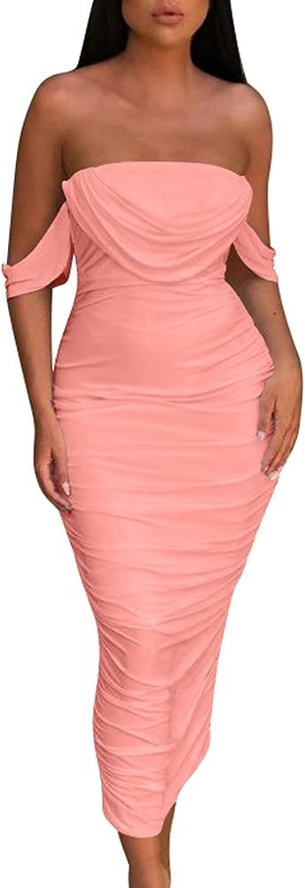 HOCILLE Women's Sexy Ruched Bodycon Strapless Off Shoulder Midi Club Party Tube Dresses | Amazon (US)