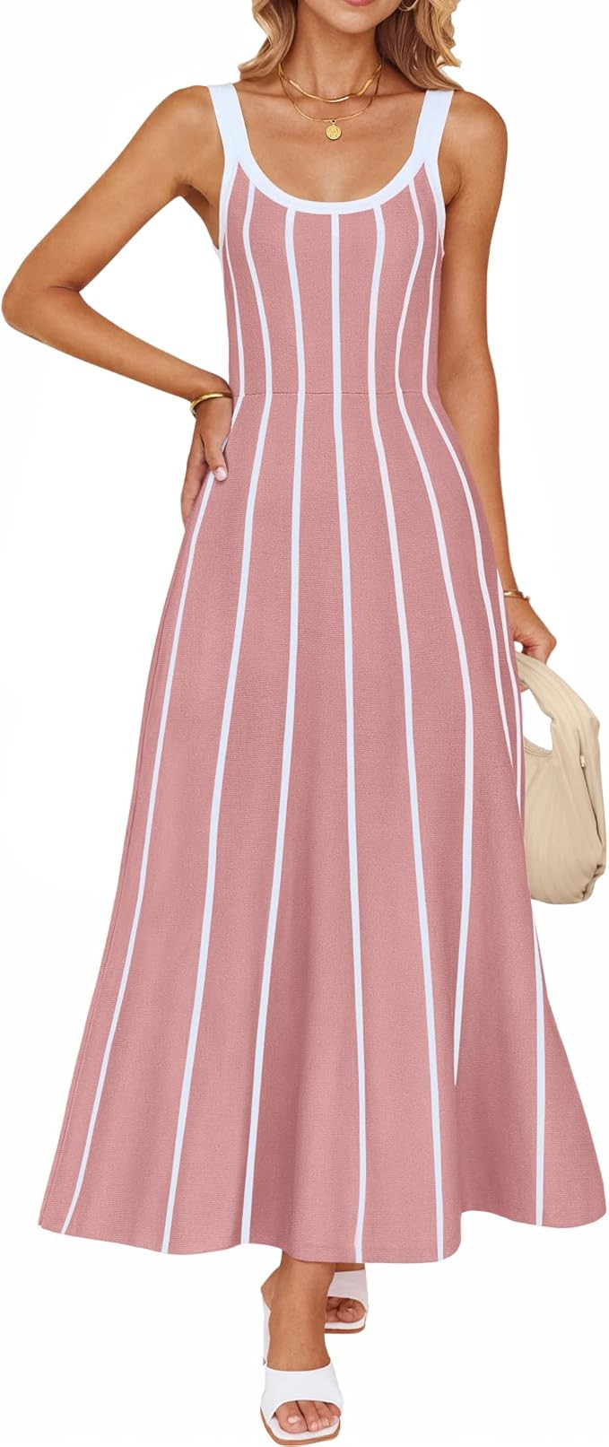 ZESICA Women's Summer Sleeveless Striped Midi Dress 2025 Knit Casual Elegant A Line Swing Flowy L... | Amazon (US)