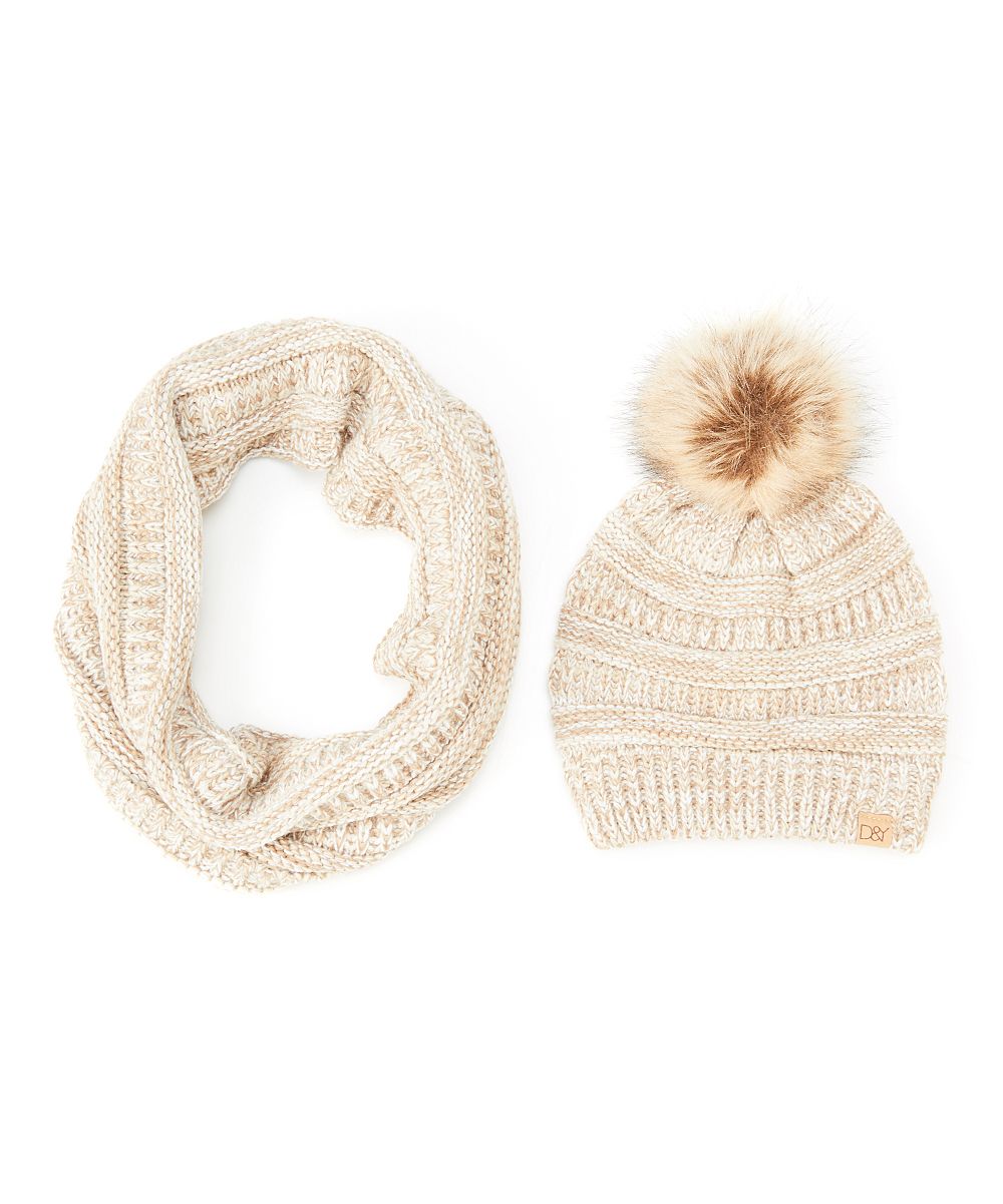 David & Young Women's Cold Weather Scarves Taupe - Taupe Rib-Knit Infinity Scarf & Pom-Pom Beanie | Zulily