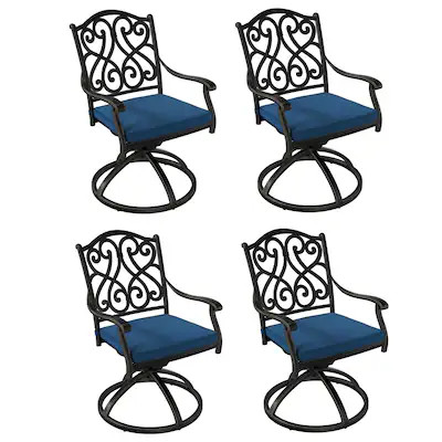 Mondawe Cast Aluminum Set of 4 Black Aluminum Frame Swivel Dining Chair with Navy Cushioned Seat | Lowe's