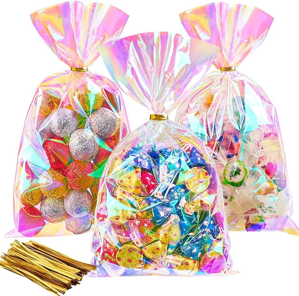 Ohuimrt 100 PCS Iridescent Cellophane Treat Bags, 6 x 10 Inches Holographic Plastic Goodie Bags w... | Amazon (US)