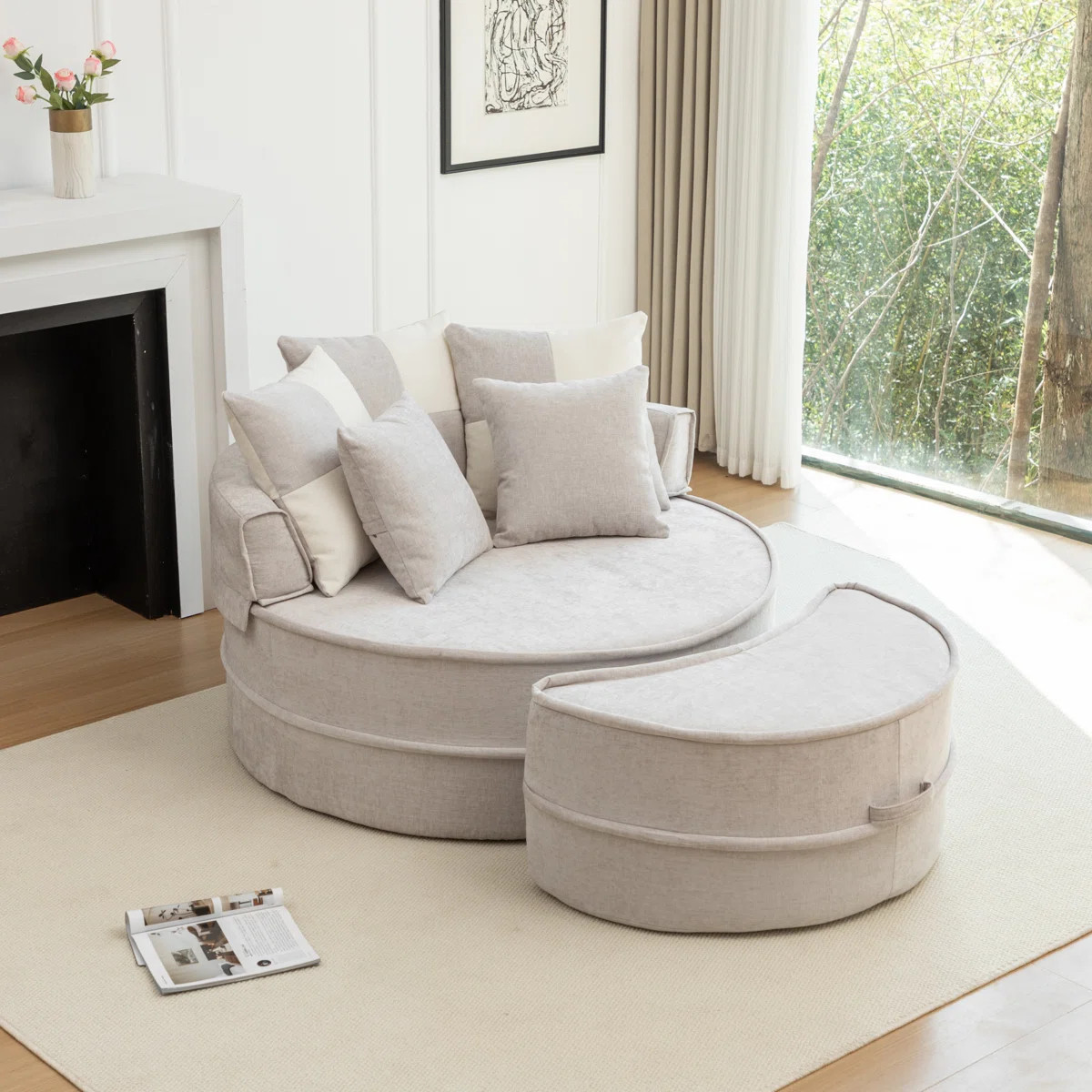 47.63" W Chenille Upholstered Round Lazy Chaise Lounge Sofa With 5 Throw Pillows And Ottoman | Wayfair North America