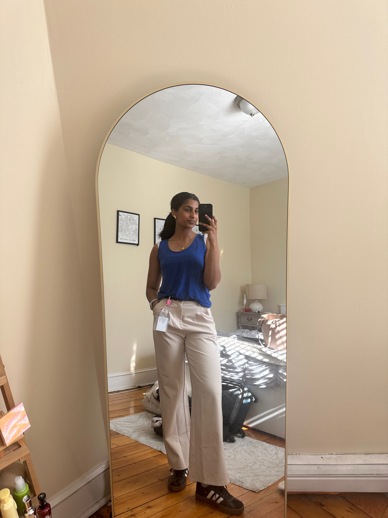 Spring business casual work outfit!!

Banana republic tank top dress pants pleated adidas court sneakers black sneakers sambas women’s fashion 

#LTKStyleTip #LTKSeasonal #LTKWorkwear