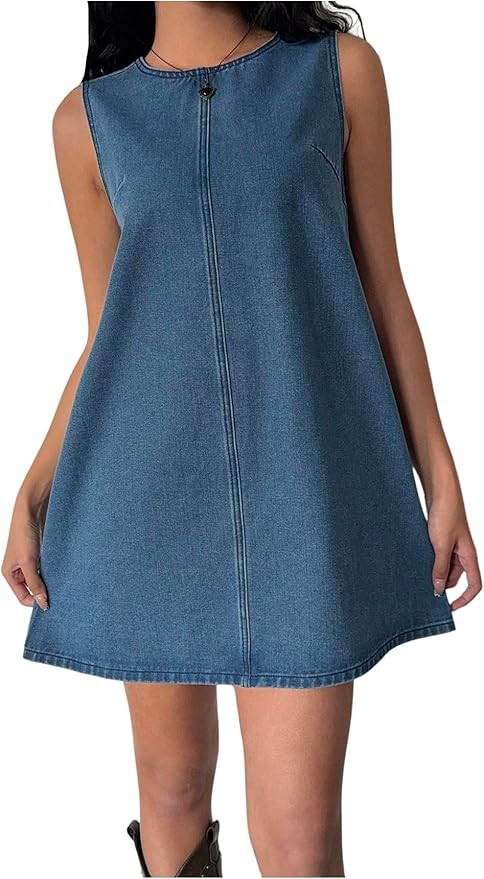 Milumia Women's Bow Tie Back Denim Sundress Crew Neck Sleeveless Flared Short Dresses | Amazon (US)
