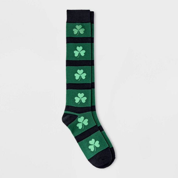 Women's Large Shamrocks St. Patrick's Day Knee High Socks - Black/Green 4-10 | Target