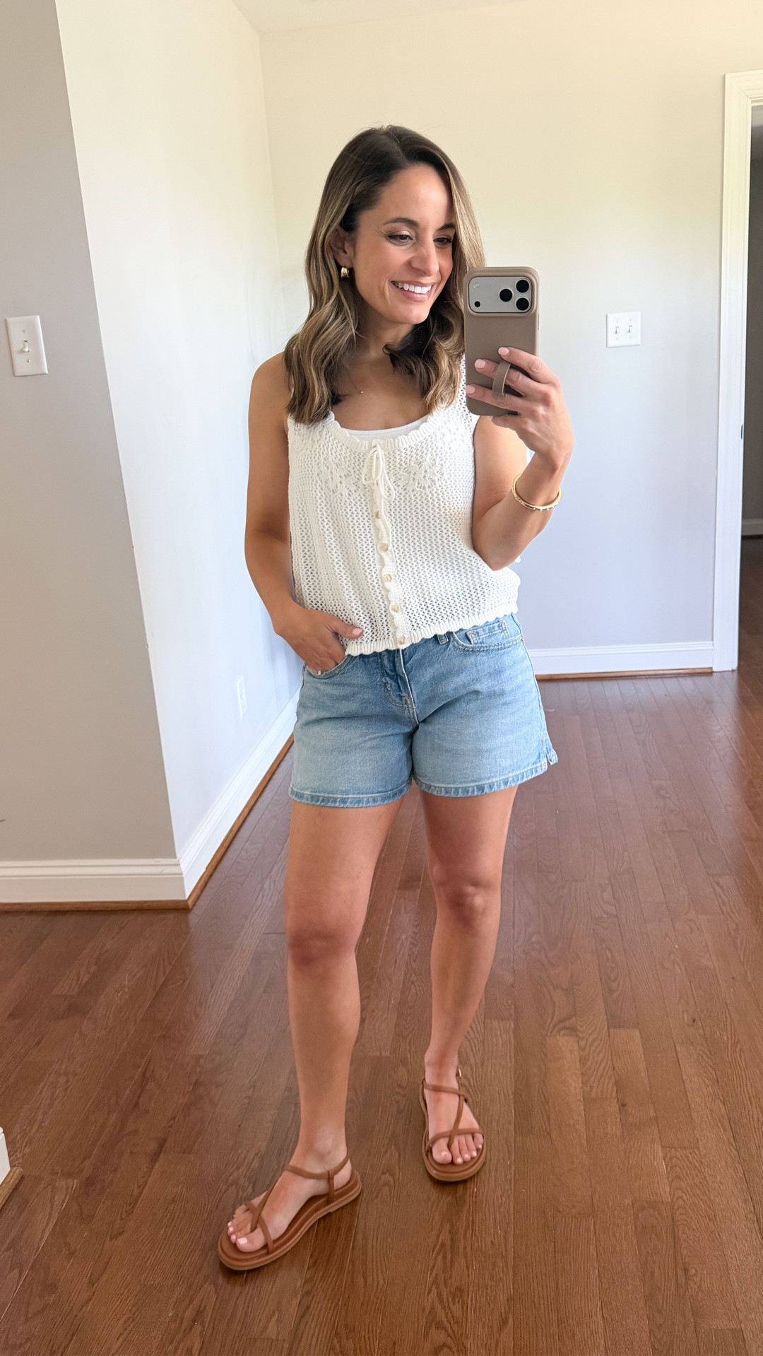 Mid-rise denim shorts from Target! 

Shoes: 0 sized up 
Sandals: true to size 
Top: petite xs 
Camisole: small