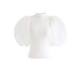 Fitted Organza Bubble Sleeves Knit Top in White | Chicwish