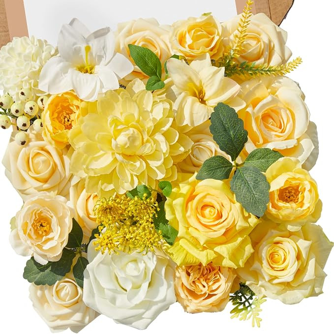 Cream Yellow Artificial Flowers Silk Fake Flowers Box for DIY Wedding Bridal Bouquet, Wedding Cak... | Amazon (US)