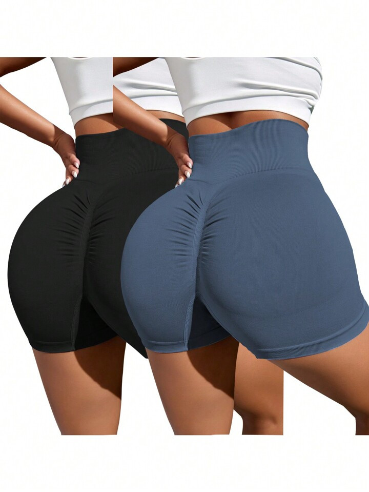 Yoga Basic 2pcs Seamless Scrunch Butt Sports Shorts Workout Spandex Shorts Legging Shorts | SHEIN