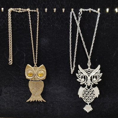 Two Large Vintage Owl Necklace Silver Gold Tone Chain Estate Sale Jewelry Pendan | eBay US