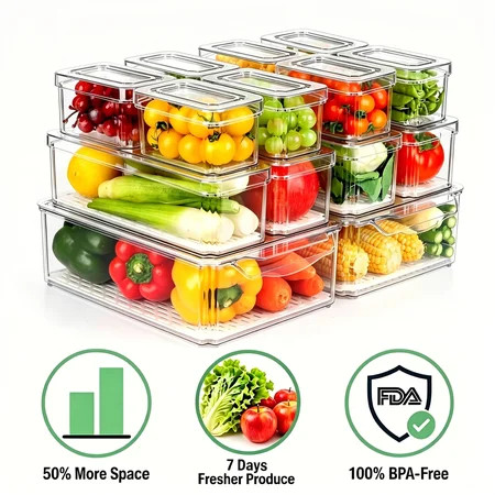 14 Pack Clear Fridge Organizers with Lids, Stackable Food Storage Containers with Drain Board, Kitchen Produce Saver for Fruit, Vegetable and Meat | Walmart (US)