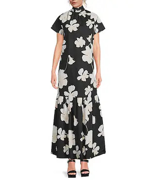Medina Floral Dime Mock Neck Short Sleeve Maxi Dress | Dillard's