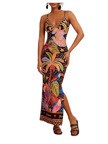 RoseSeek Women's Tropical Graphic V Neck Midi Dresses Sleeveless Split Beach Vacation Cami Dress Black XX-Small | Amazon (US)