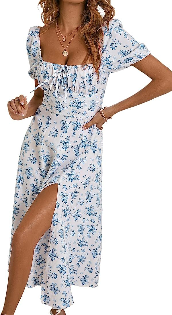 SHENHE Women's Floral Split Thigh Square Neck Puff Short Sleeve Long Boho Dresses | Amazon (US)