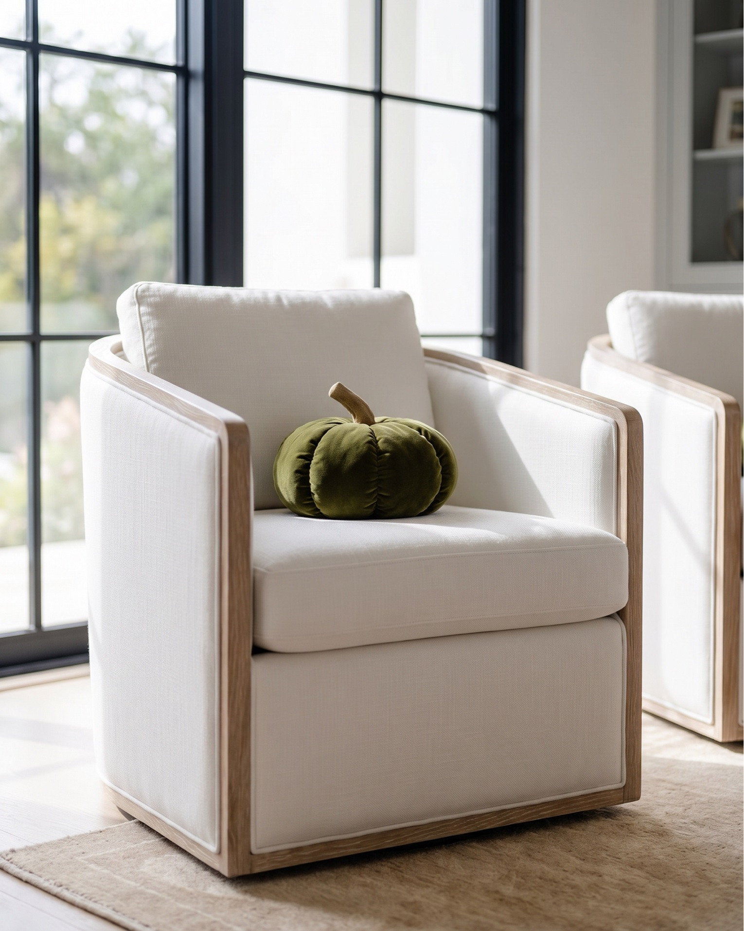 Shop the look:
* White upholstered accent chairs (modern box frame)
* Curved white sofa / loveseat
* Sculptural wood coffee table
* Organic wood side table stools
* Neutral textured area rug
* Marble fireplace surround (warm veining)
* Built-in glass display cabinets
* Light wood console table
* Upholstered round ottomans / stools
* Natural wood ceiling beams
* Light oak hardwood flooring
* Large white globe pendant light
* Fluted white glass pendant chandelier
* Brass wall sconces with globe shades
* Neutral ceramic table lamp
* Modern brass accent lighting
* Abstract neutral wall art
* Oversized framed artwork
* Gold sculptural decor objects
* Decorative brass tray
* Textured ceramic vase
* Organic sculptural vase centerpiece
* Decorative books for styling
* Neutral throw blanket
* Patterned accent pillow
* Small tabletop sculpture accents
* Textured runner rug
* Minimalist console styling
* Soft blue textured wallpaper
* Black framed windows
* Modern built-in shelving decor
* Layered neutral textiles

#LTKsale #LTKhome