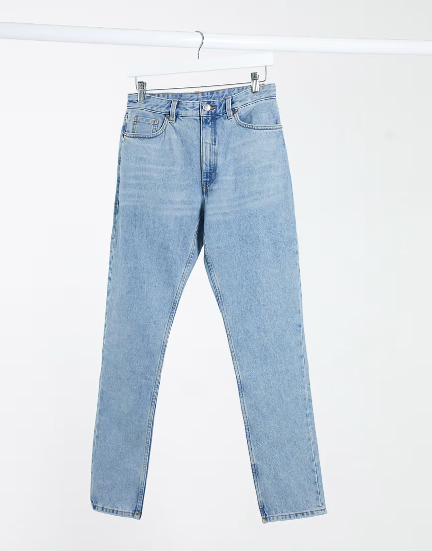 Monki Kimomo Xtra Long high waist mom jeans with organic cotton in mid blue | ASOS (Global)