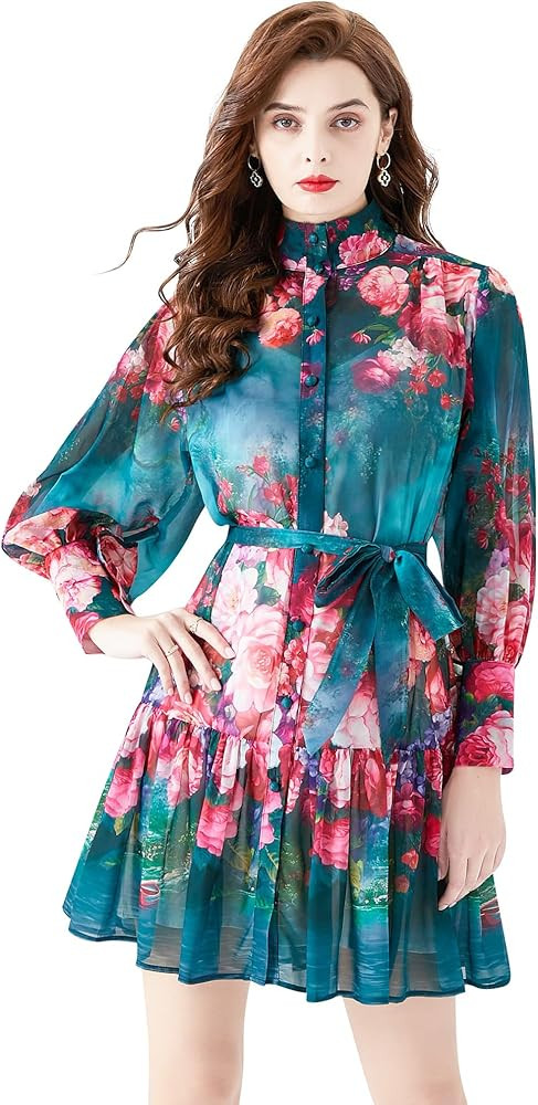 LAI MENG FIVE CATS Women's Floral Print Long Lantern Sleeve Ruffle Casual Button Belted Thin Fabr... | Amazon (US)