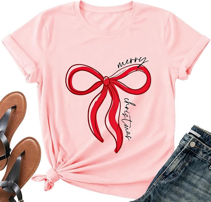 Candy Cane Christmas Club Shirts for Women - Xmas Bow Holiday Short Sleeve Festive Holly Tee Tops | Amazon (US)