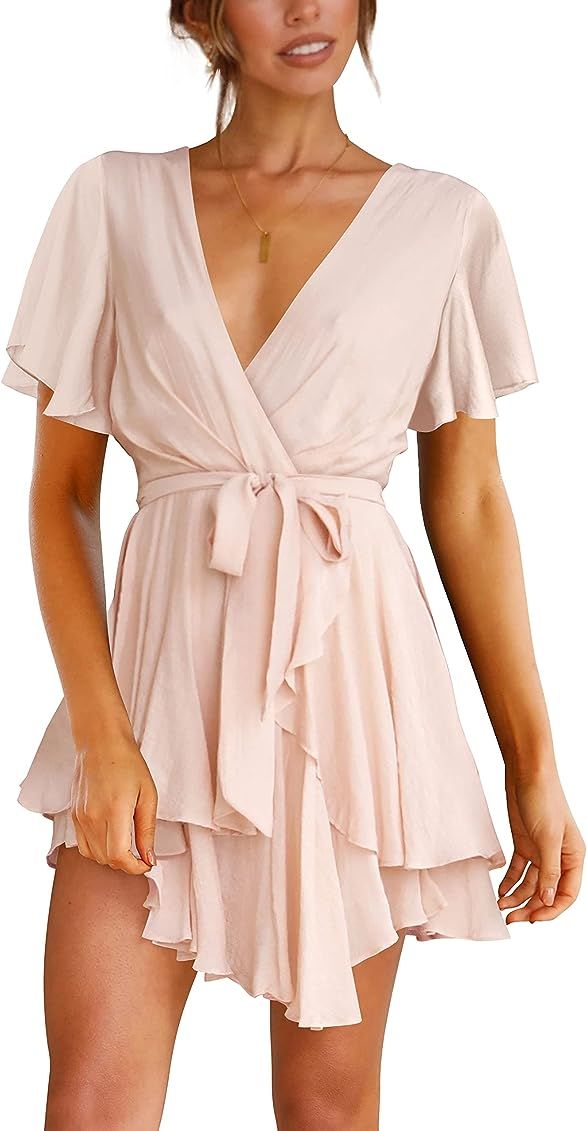FOWSMON Womens Casual Dresses Short Sleeve Summer Waist Tie Double Layer Ruffle Dress Deep V Neck Tu | Amazon (US)