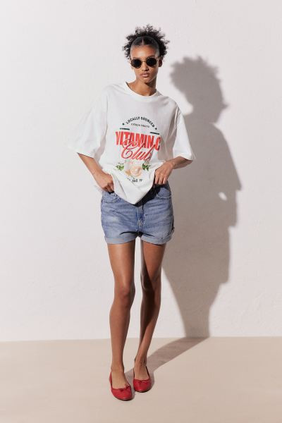 Oversized Motif-detail T-shirt - Round Neck - Short sleeve - White/Vitamin C - Ladies | H&M US | H&M (US + CA)