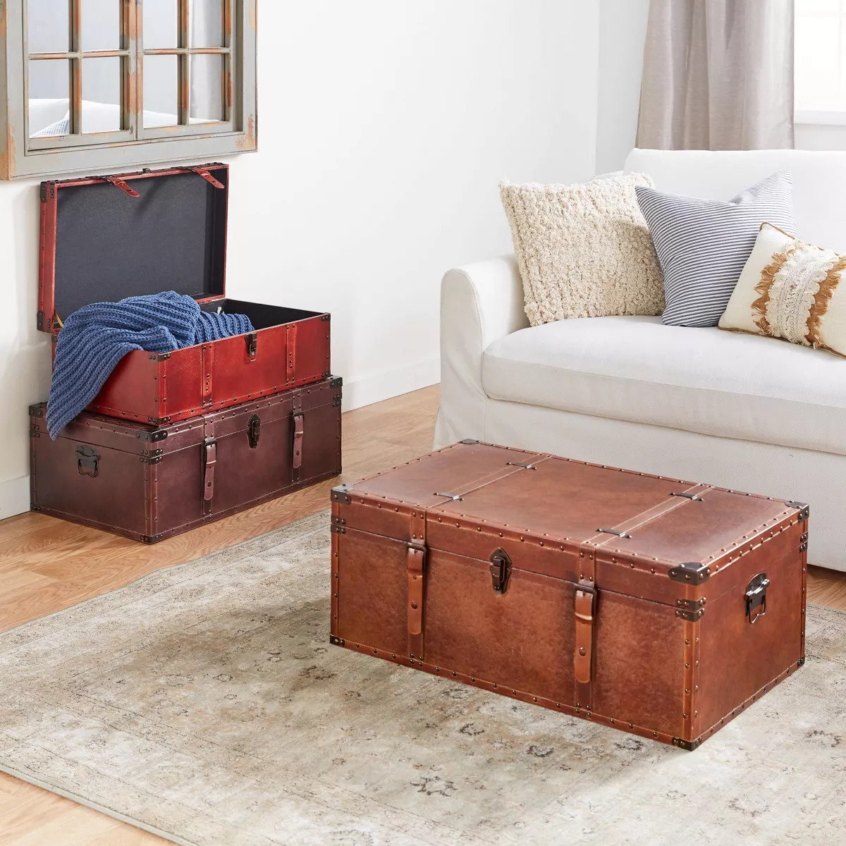 Olivia & May Rectangular Rustic Faux Leather Trunk Coffee Table Brown: Vintage-Inspired Storage S... | Target