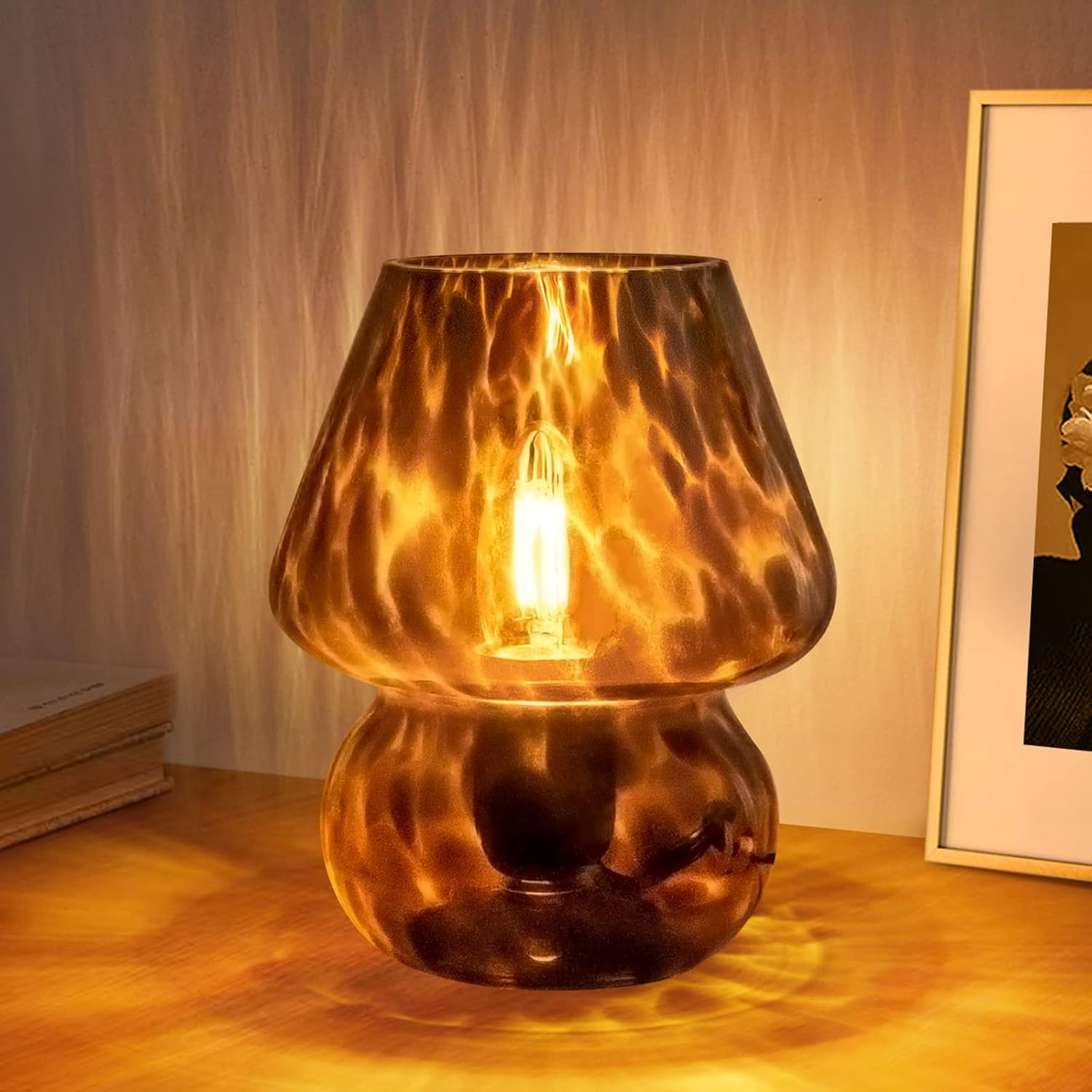 ONEWISH Mushroom Lamp Small Vintage Table Lamp for Bedroom Nightstand, Bedside Lamp Translucent Glass Stepless Dimmable, Murano Aesthetic Home Decor for Living Room Kitchen(Black) | Amazon (US)