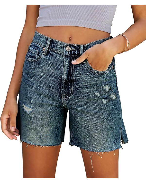 CHICZONE Womens Bermuda Jean Shorts Stretchy Mid Waisted Denim Shorts with Pockets | Amazon (US)