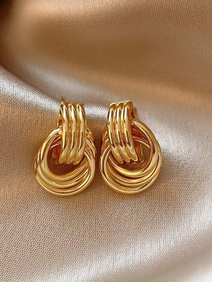 1pair Fashionable Gold Tone Alloy Multi-Turn Knotted Design Stud Earrings For Women, Double Hoop ... | SHEIN