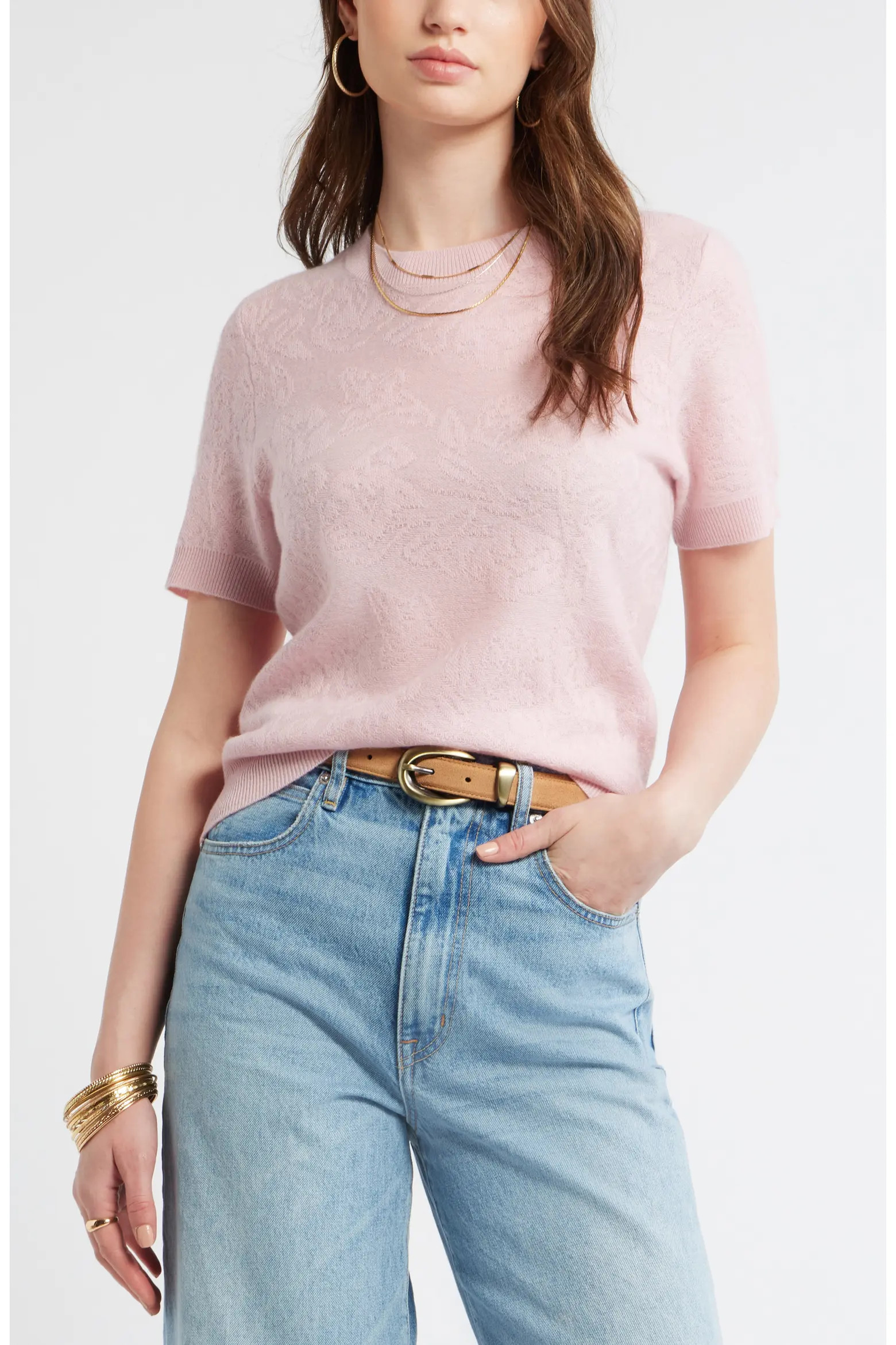 Floral Jacquard Short Sleeve Wool & Cashmere Sweater (Women) | Nordstrom | Nordstrom