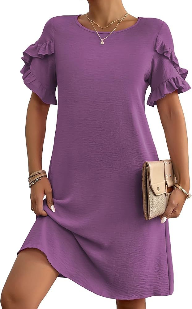 HOTOUCH Womens Summer Dress 2024 Short Sleeve A-Line Mini Dress Casual Crew Neck Shift Dress Beac... | Amazon (US)