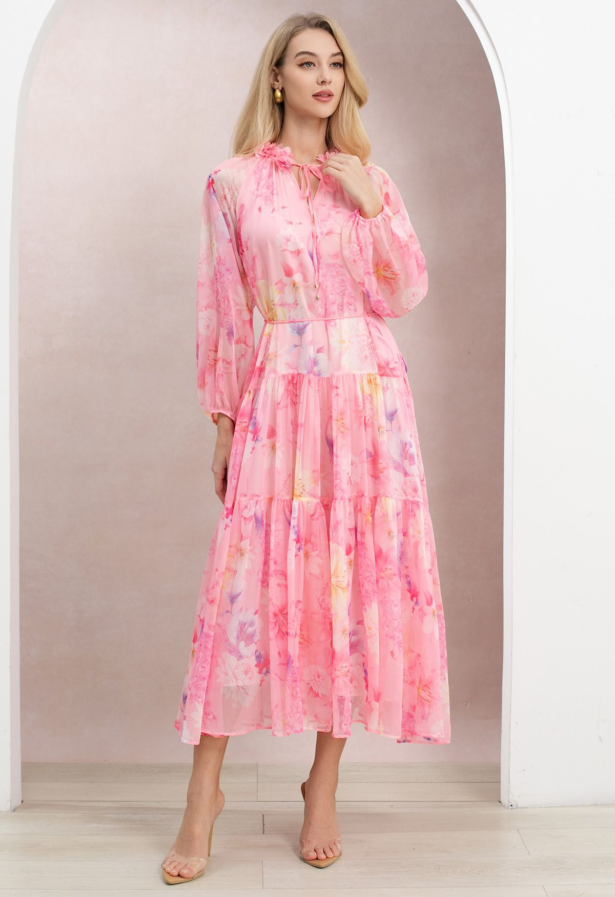 Petal Neckline Bubble Sleeve Watercolor Chiffon Maxi Dress in Pink for Sunday Outings & Cafe Hopp... | Chicwish