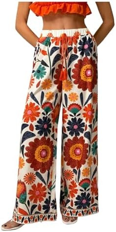 RoseSeek Women's Boho Floral Wide Leg Elastic Drawstring Pants Trousers | Baggy Pants, Loose Fit,... | Amazon (US)