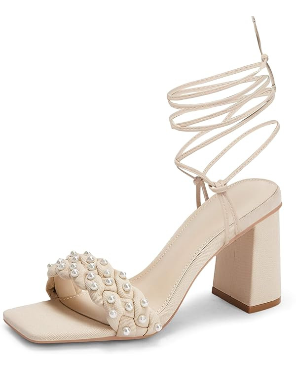 Coutgo Womens Pearl Strappy Heels Sandals Braided Lace Up Chunky Heels Square Open Toe Party Dres... | Amazon (US)