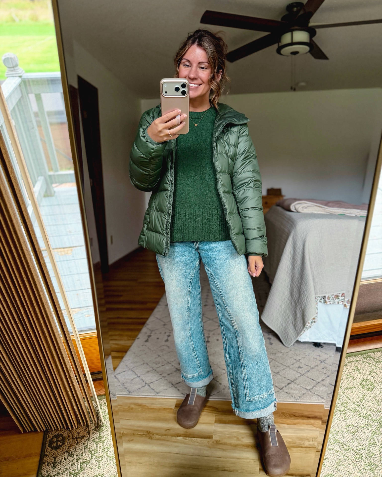 Love this puffer coat! I have the hoodless one too. My color is from last year but other colors are available 

 Small in my coat, Xs in my sweater, 24 in my jeans (mine are short but they don’t come in short anymore—they have a raw hem so I think they’d be easily cut off!) , and 6 in my clogs!