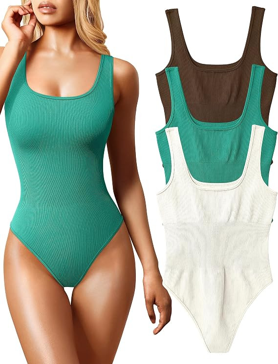 OQQ Women's 3 Piece Bodysuits Sexy Ribbed Sleeveless Square Neck Sleeveless Tank Tops Bodysuits | Amazon (US)