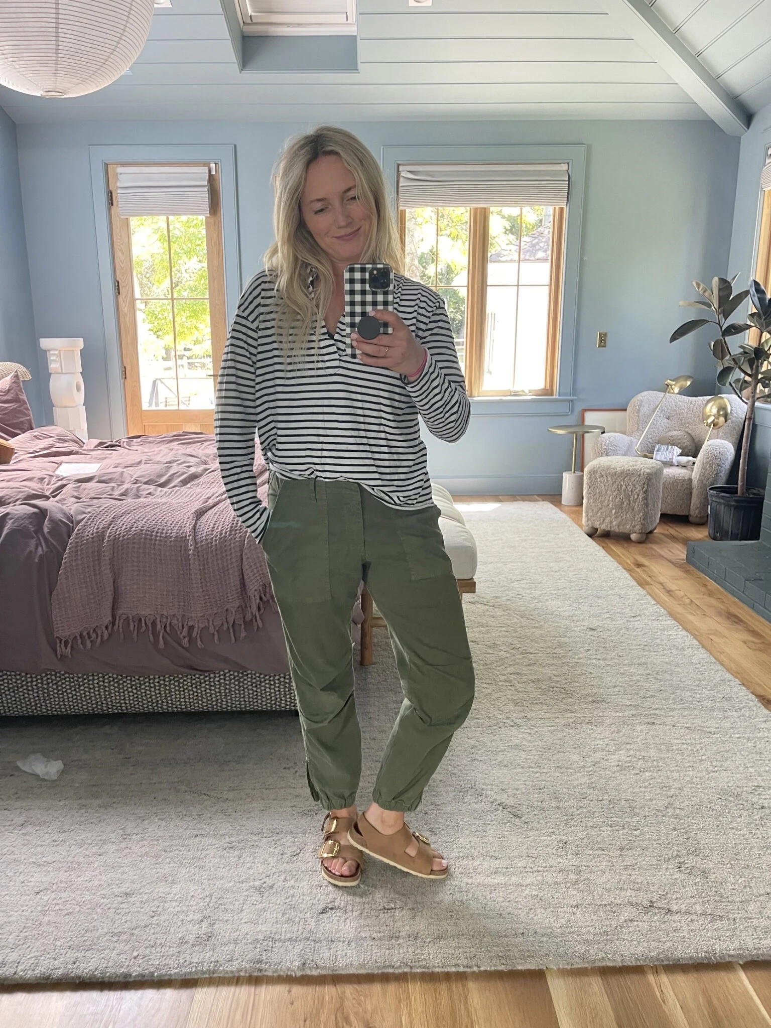 Easy outfit formula - green cargo pants, striped shirt and some easy throw on tan shoes :) 

#LTKootd #LTKgrwm #LTKmomlife