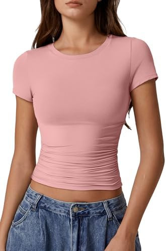 QINSEN Short Sleeve Shirts for Women Round Neck Basic Double Lined Tees Fitted Y2k Crop Tops | Amazon (US)