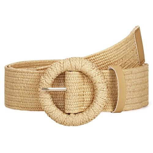 Straw Woven Elastic Belt for Women Stretchy Belts for Dress Fashion Boho Waist Belt Rattan Raffia Ladies Belts,round buckle khaki 47" | Amazon (US)