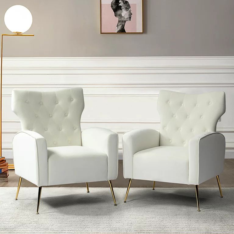 14 Karat Home Wingback Velvet Accent Chair Set of 2 Button Armchair Metal Legs Adult Bedroom Whit... | Walmart (US)