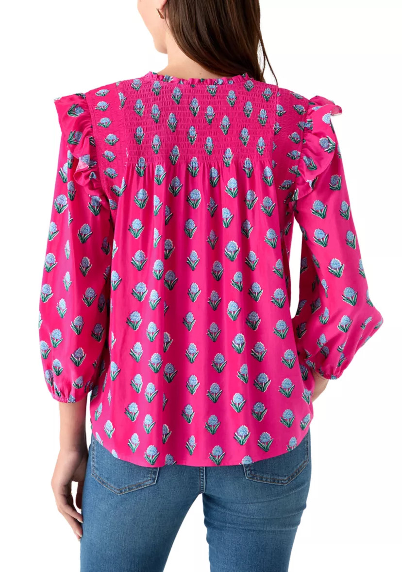 Women's 3/4 Ruffle Sleeve Smocked Split Neck Printed Top | Belk