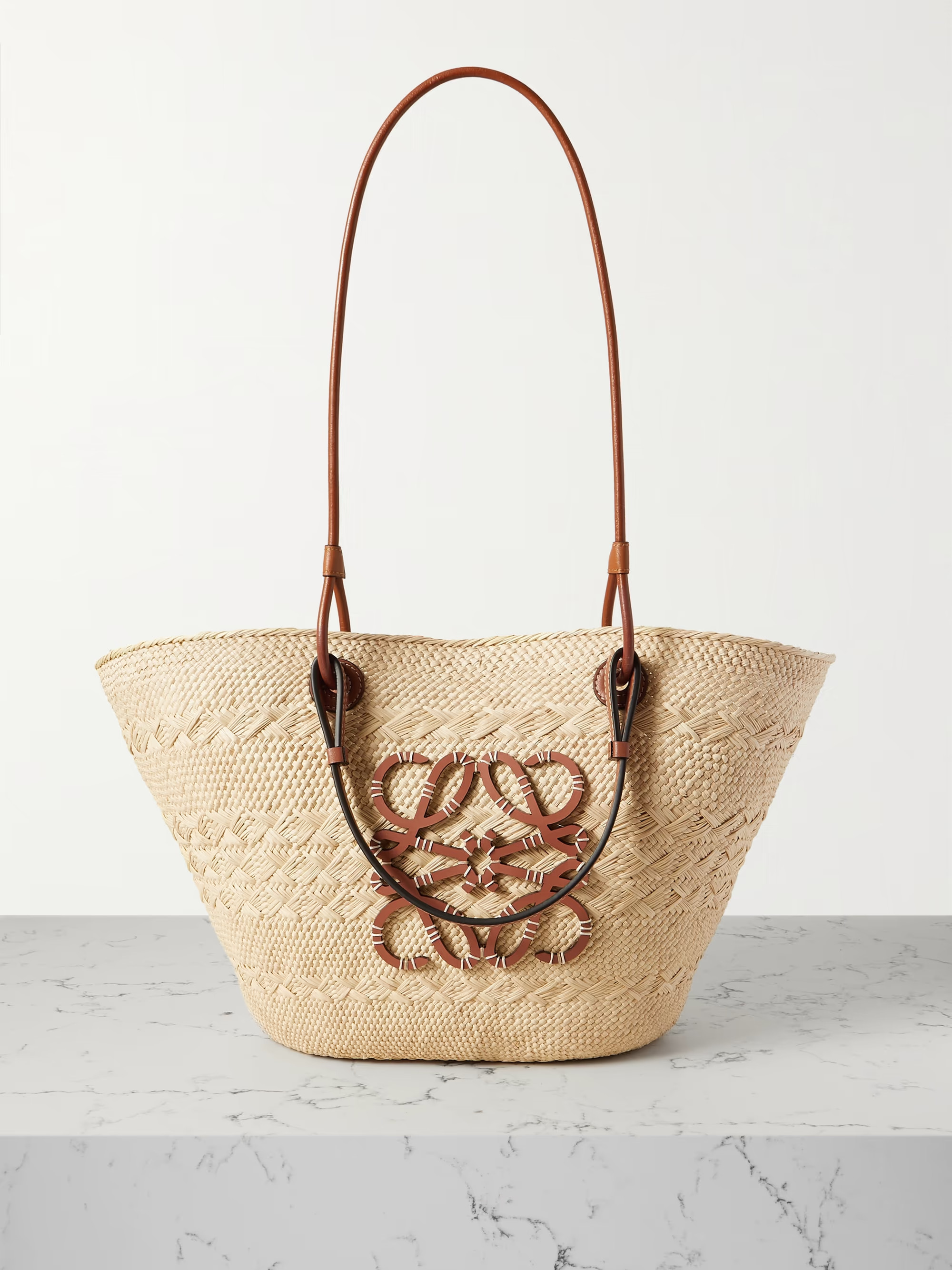 + Paula's Ibiza Anagram medium leather-trimmed woven raffia tote | NET-A-PORTER (US)