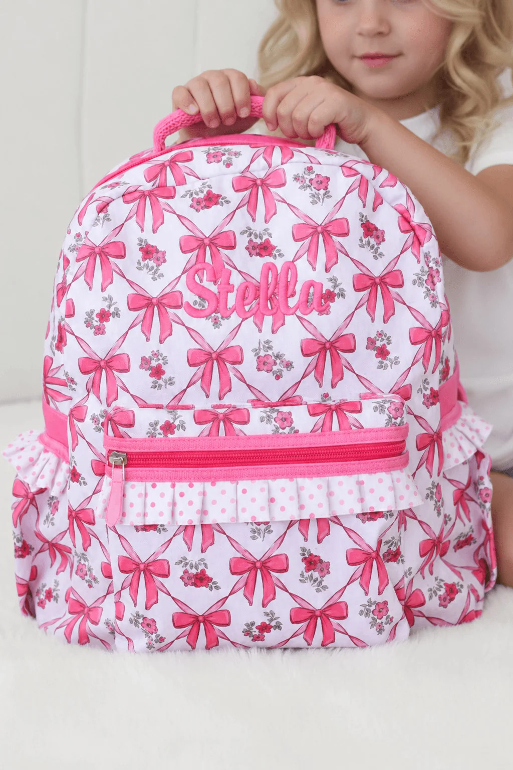 Kids Embroidered Ruffle Backpack | Bow Besties | Caden Lane