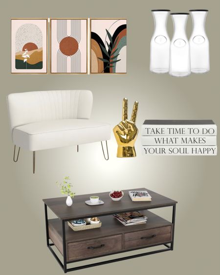 Celisha 45'' Upholstered Loveseat

Southside Coffee Table

3 Piece Take Time to Do Quote Decorative Book Set

Chandresh Peace Sign Table Figurine

Hali Glass Carafe Bottle Pitcher with 6 Lids - 35 oz (Set of 3)

Mid-Century Modern Geometric Abstract Sun And Tropical Plants Framed Canvas Wall Art Framed On Canvas 3 Pieces Print

#LTKhome #LTKSale #LTKstyletip