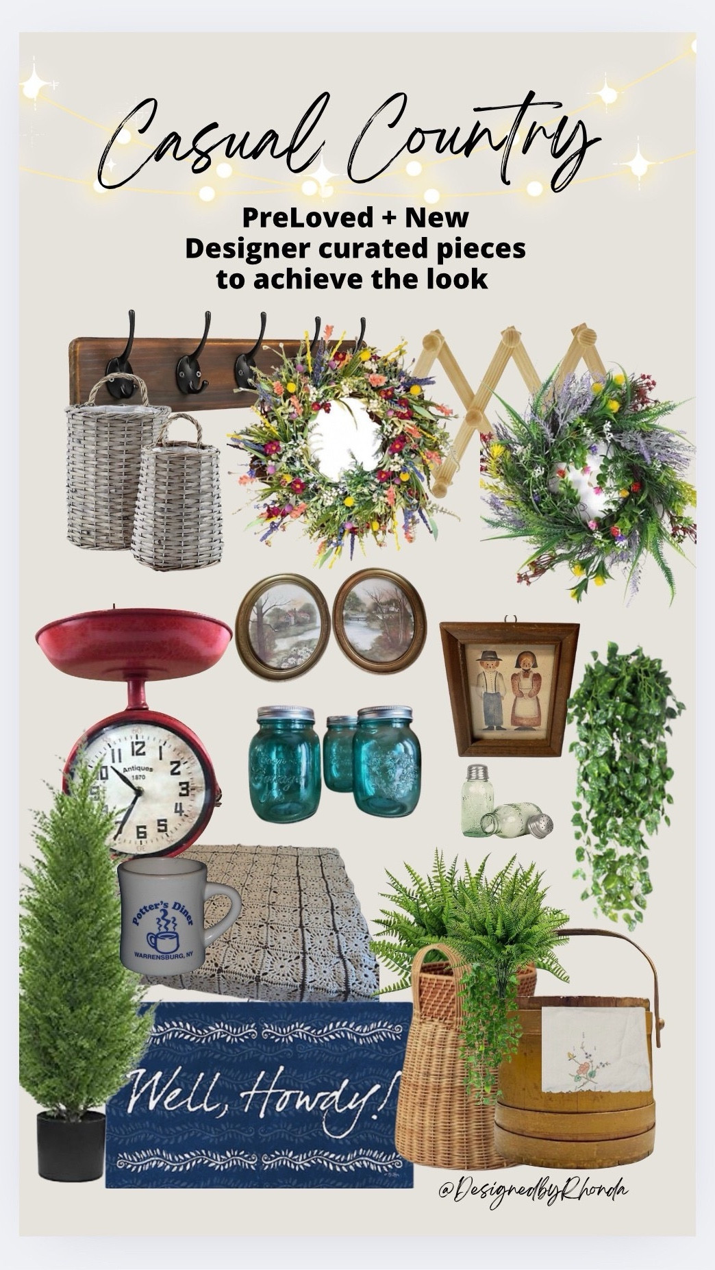 Casual Country Charm
There’s something timeless about a space filled with antique mason jars, vintage kitchen scales, worn coat racks, and baskets that have carried stories through the years. Add a spring wreath and faux greenery so realistic you’ll do a double-take—and suddenly, your home feels lived-in in the best way.

This look is more than décor. It’s comfort. It’s history. It’s the slow, thoughtful beauty of country life—casually collected, never overdone. No wonder casual country style is having a major moment. It reminds us that home isn’t perfect—it’s personal.

Shop the look on my LTK and bring a little of that cozy countryside feel into your every day.
#CasualCountry #CozyHomeStyle #LTKHome #SpringVibes #VintageInspired 

#LTKStyleTip #LTKHome